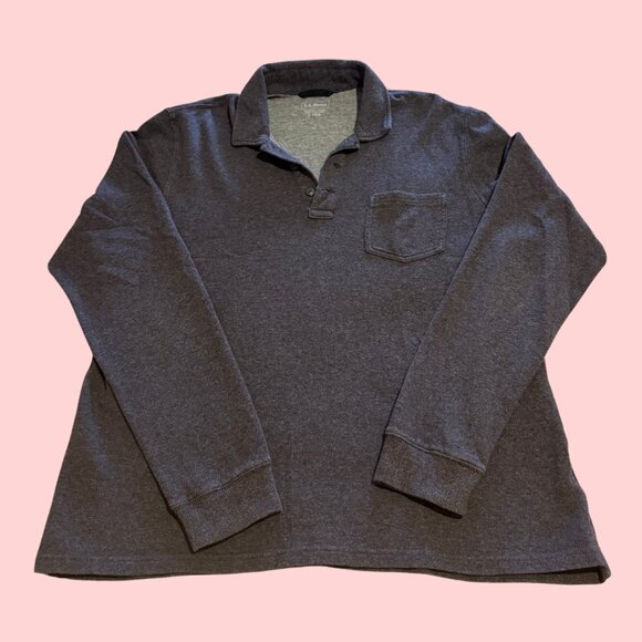 L.L. Bean Washed Cotton Double-Knit Polo, Long Sleeve, Black Heather, Size L - Picture 1 of 5
